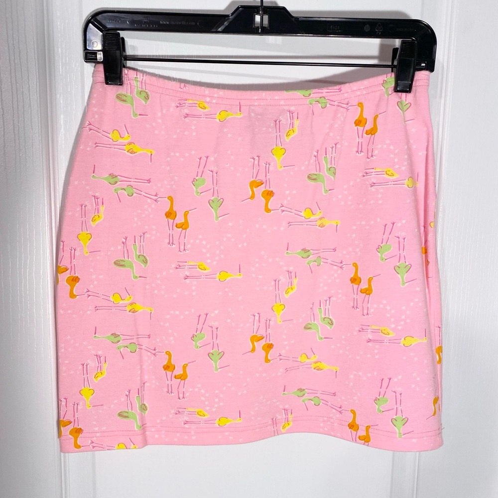 Vintage Lilly Pulitzer Egret Bird Print Knit Mini Skirt Pink Size 8